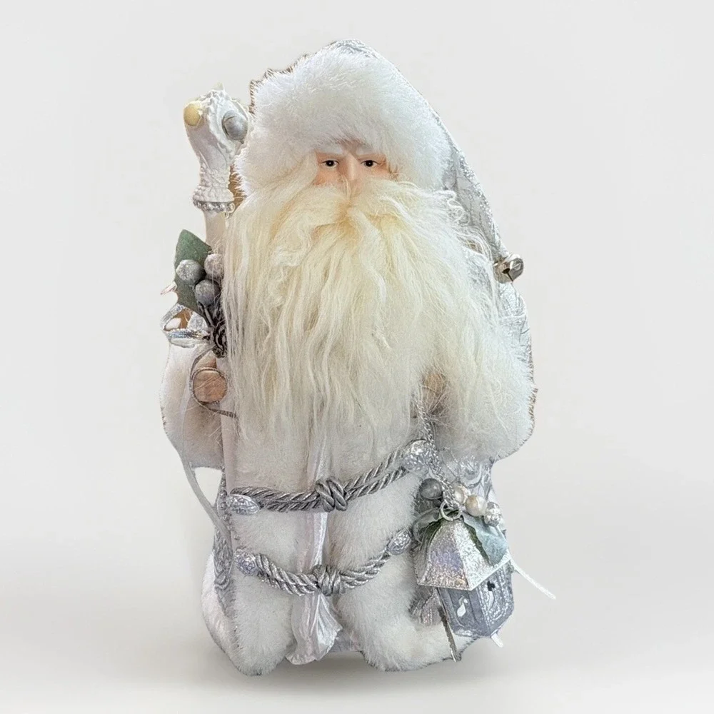 Vintage Old World Santa Tree Topper White Silver Fur Trim Holiday Decor Figurine